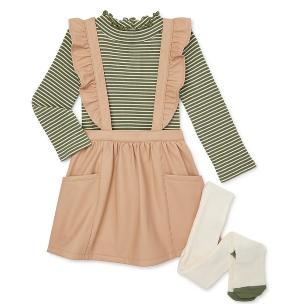 Wonder Nation Toddler Girl Pinafore, Top and Tights Outfit Set, 3-Piece, Size 3T